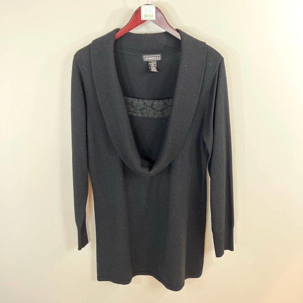 ElementZ Sweater Dress (L) Tunic Black Cowl Neck Lace Detail